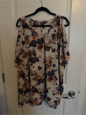 Floral Open-Shoulder V-Neck Women’s Top/dress - Cream with Purple & Yellow Roses